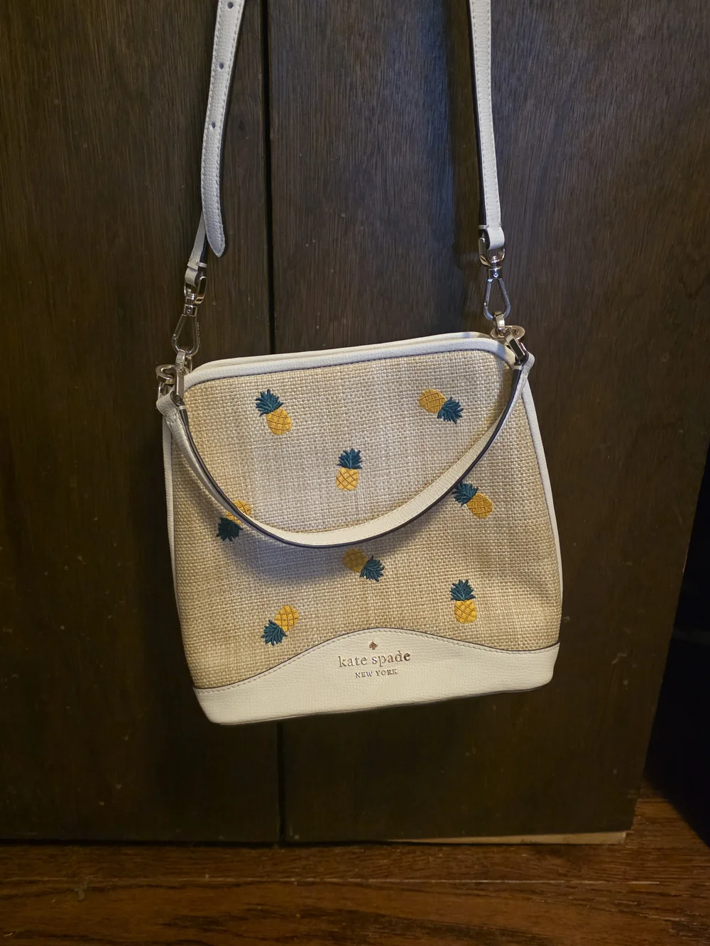 kate spade White Straw Mini Top-Handle Bag with Yellow Pineapple Embroidery